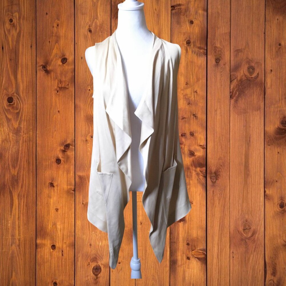 READ Vince Camuto XS Open Front Sleeveless Waterfall Vest Pockets Neutral READ